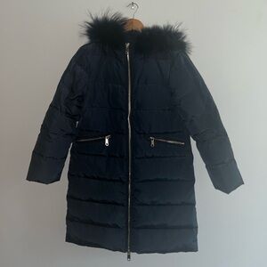 MAX & CO navy blue down parka with feather lined hood, size 2